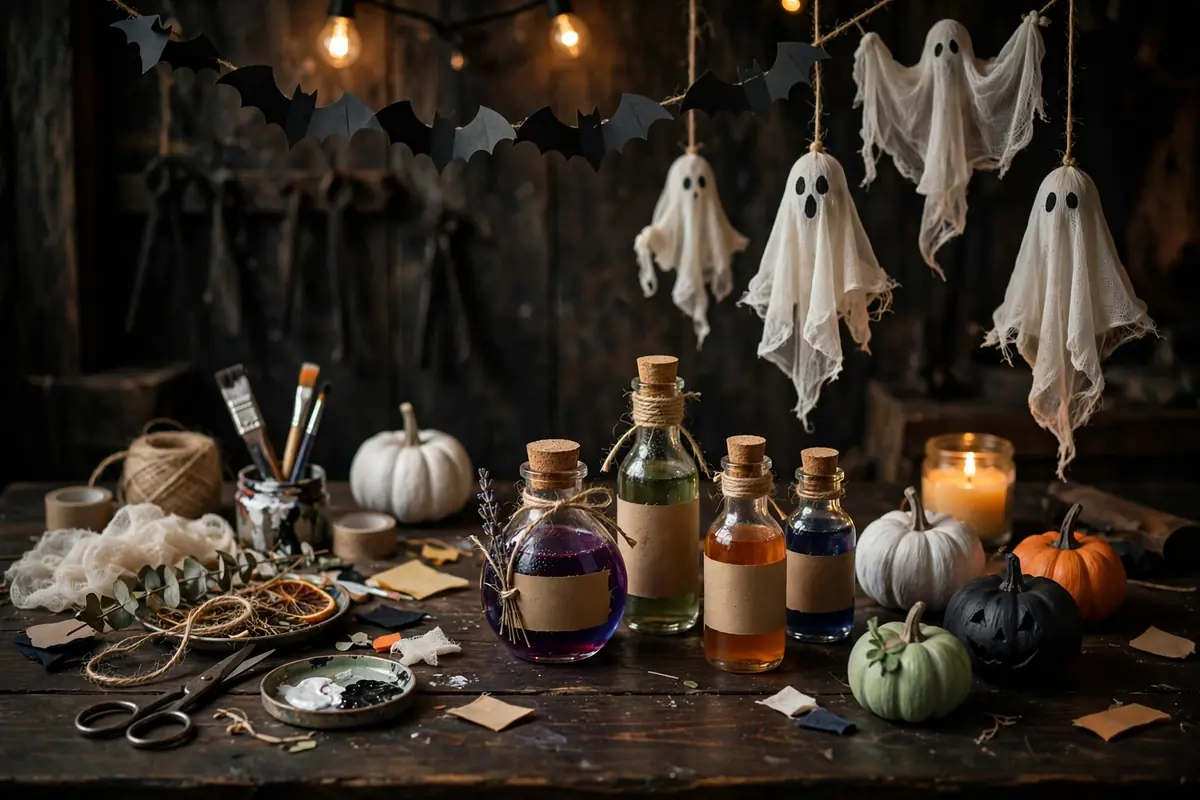 DIY Halloween craft supplies on dark table