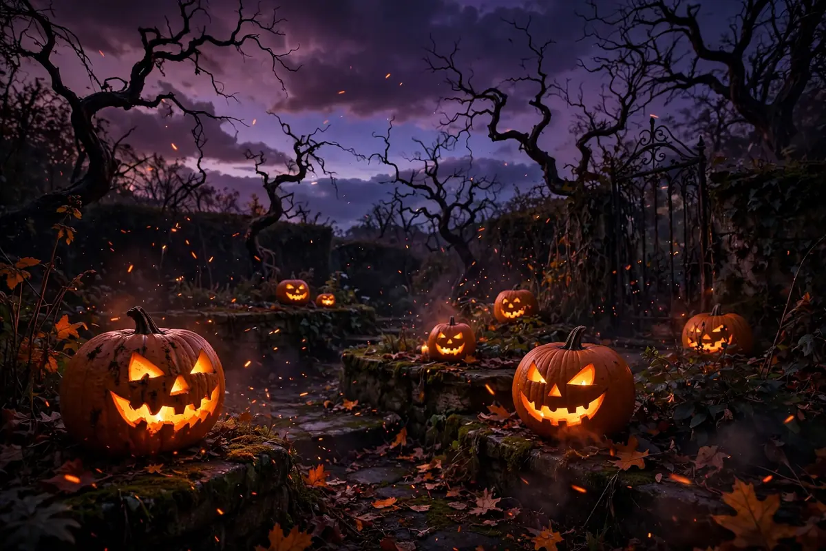 Glowing jack-o'-lanterns in a dark Halloween garden