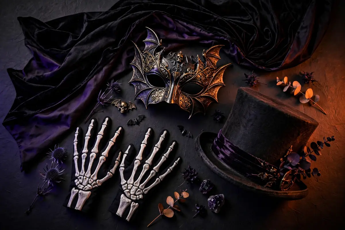 Men's Halloween costume pieces on dark background