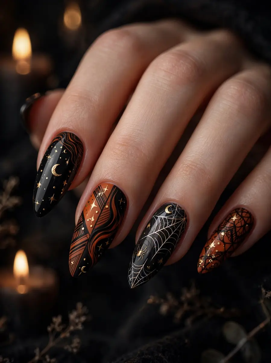Elegant Halloween nail art close-up