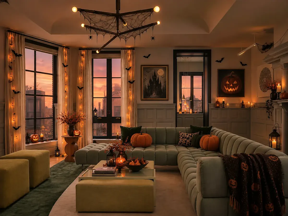 Purple and orange string lights hung outdoors