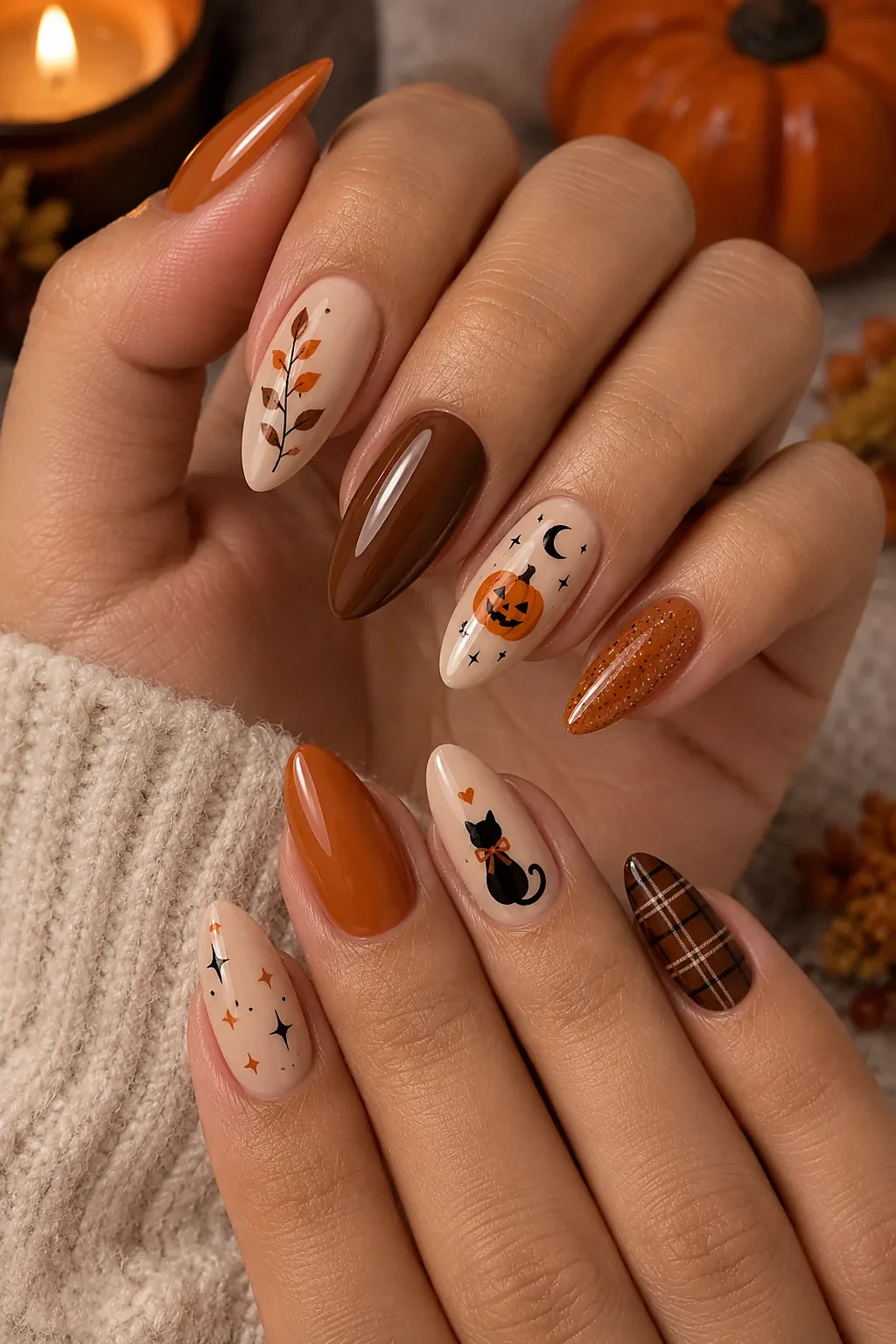 Orange nails with black jack-o-lantern triangle eyes and smiles
