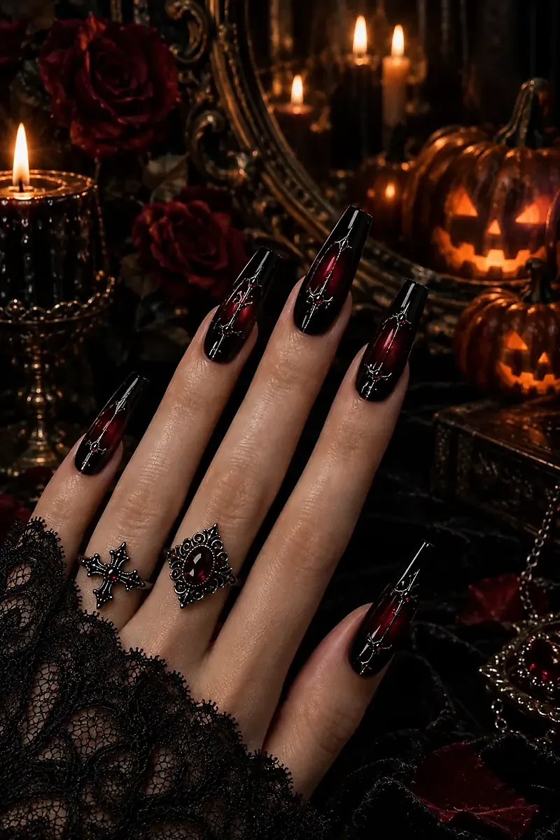Deep plum nails with a delicate white spiderweb accent