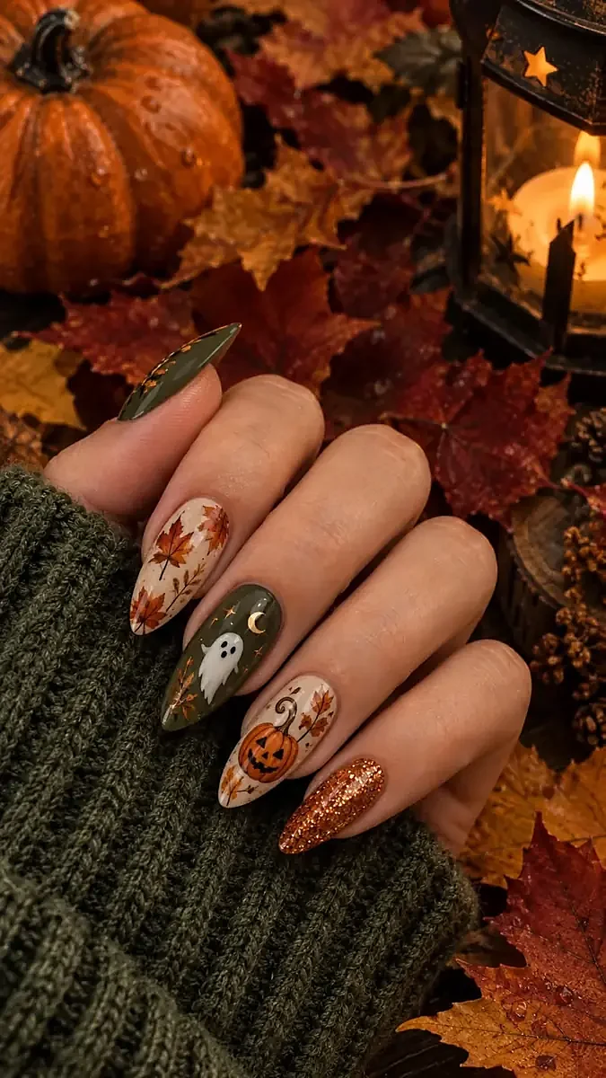 Almond nails in olive green and beige with maple leaves, a ghost with a gold crescent moon, a jack-o-lantern, and orange glitter