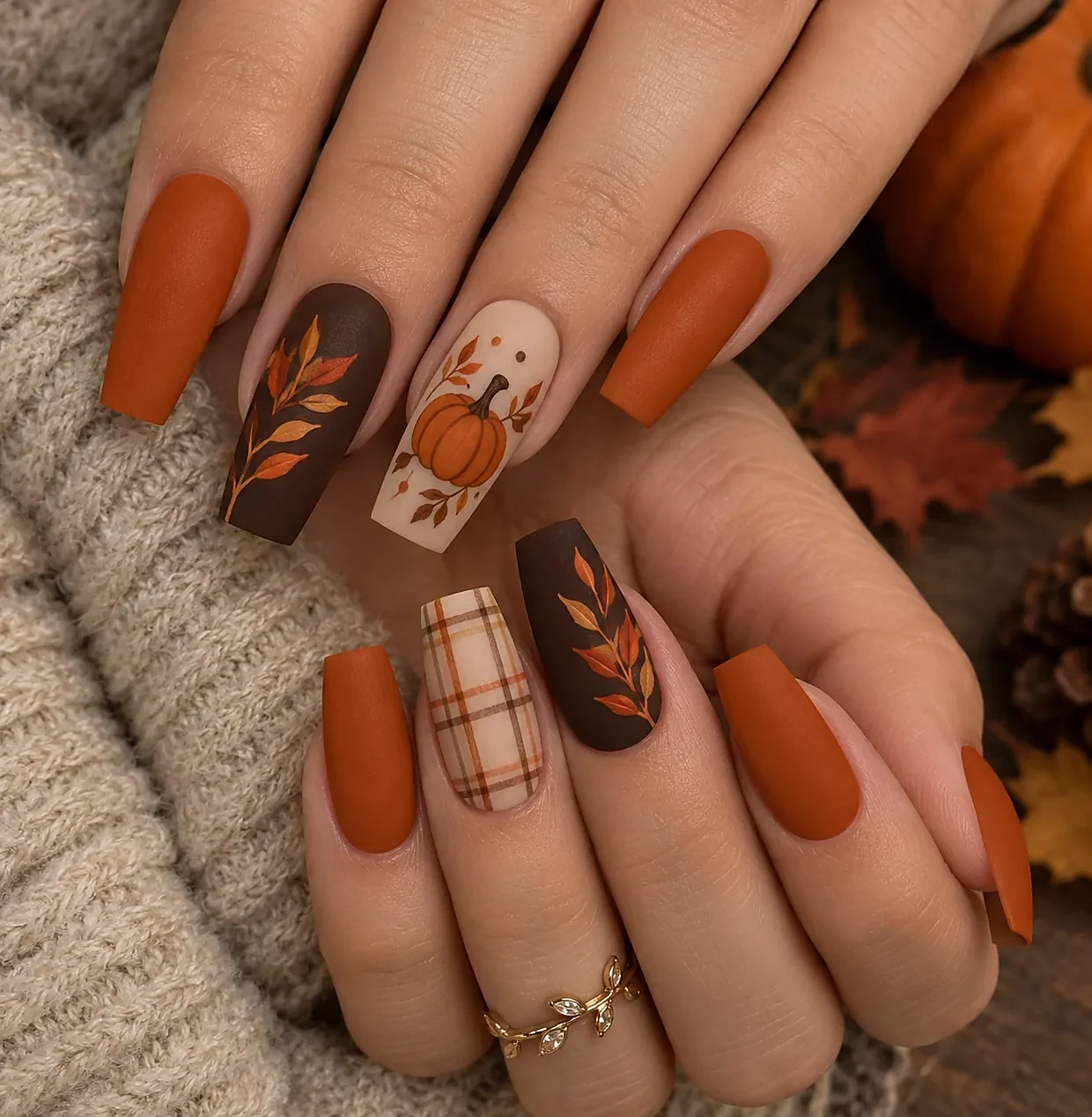 Coffin nails in matte burnt orange and dark brown with orange leaf sprigs, a pumpkin on nude, and beige plaid