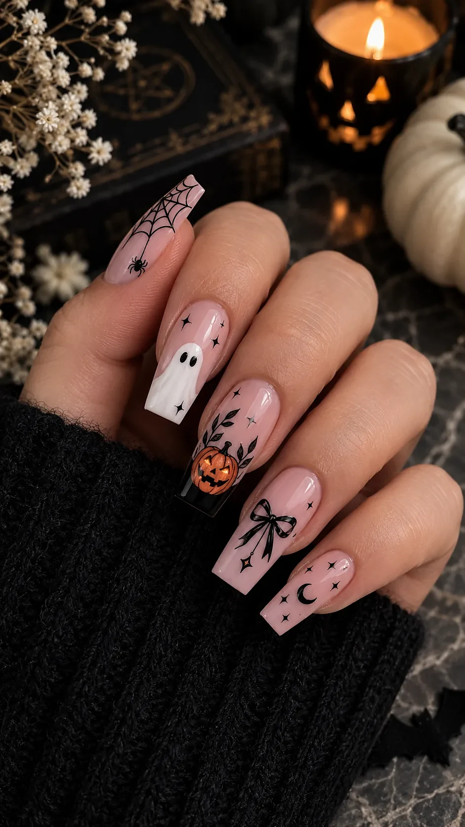 Milky white nails with tiny black ghost faces