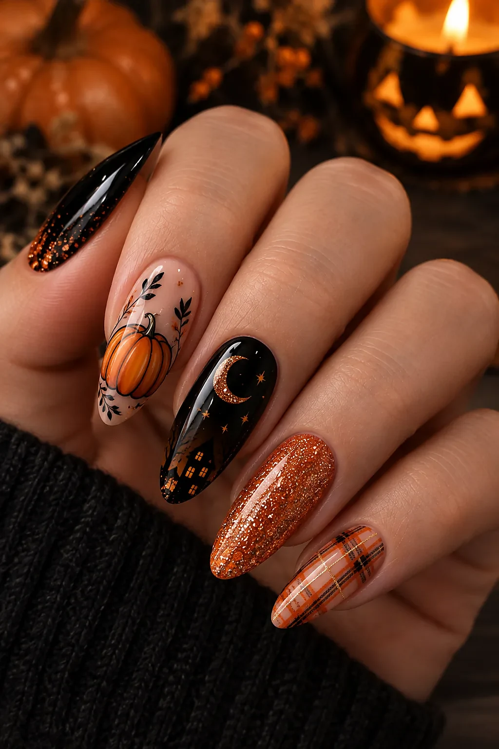 Tiny black bat silhouettes flying across gradient nails