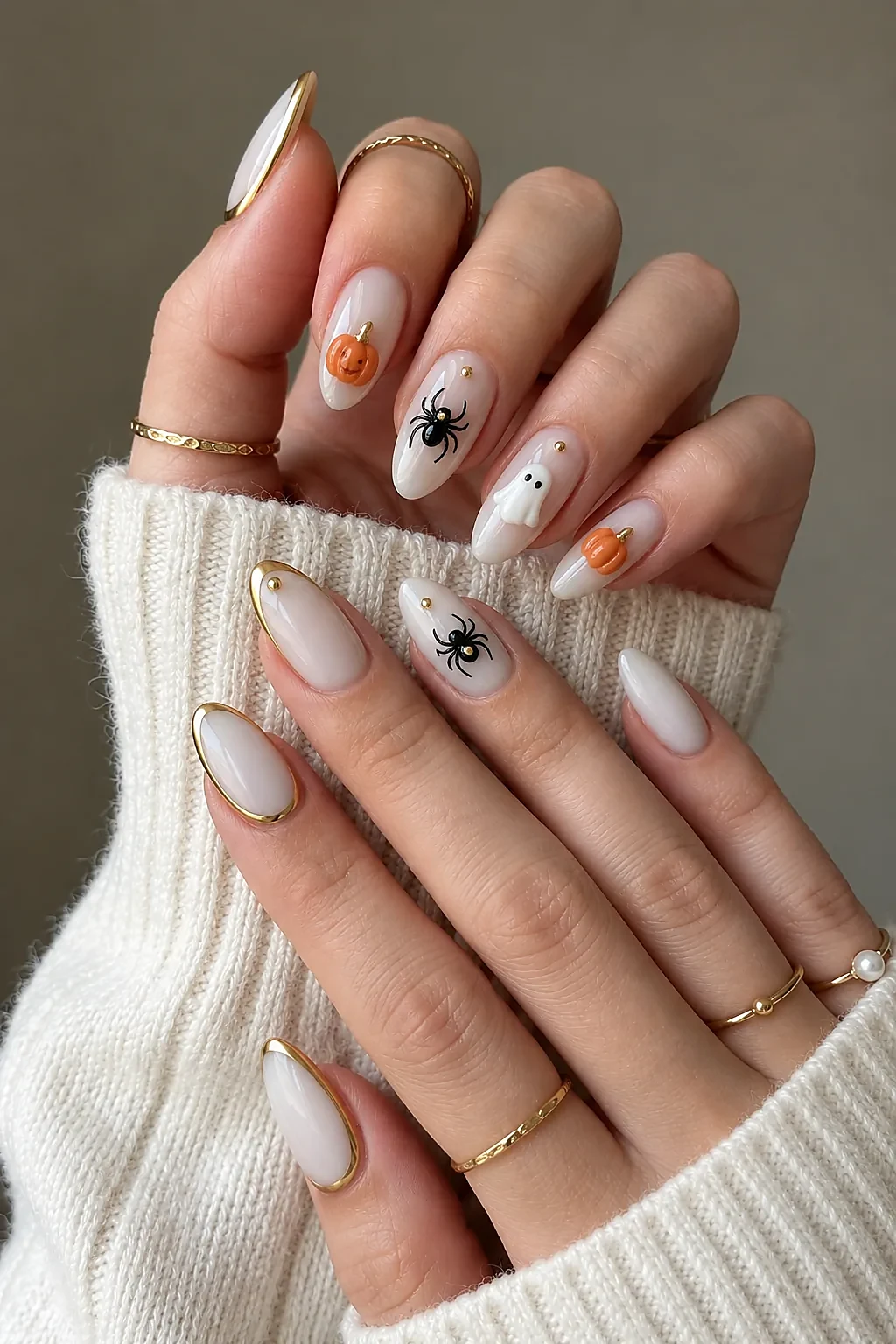 Candy corn French tips in white, orange, and yellow