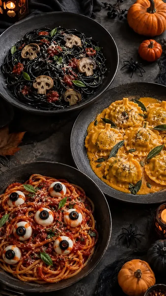 Three bowls of Halloween pasta: black spaghetti with mushroom skulls, pumpkin-shaped ravioli in orange sauce, and spaghetti topped with mozzarella eyeballs with black olive pupils, on a dark table with mini pumpkins and toy spiders