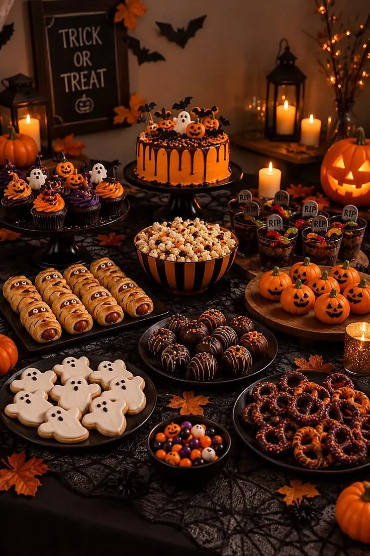 Halloween dessert table with an orange drip cake topped with ghost and pumpkin figures, mummy-wrapped hot dogs, ghost-shaped sugar cookies, chocolate truffles, pretzels, popcorn, mini dirt cups with RIP markers, and a lit jack-o'-lantern