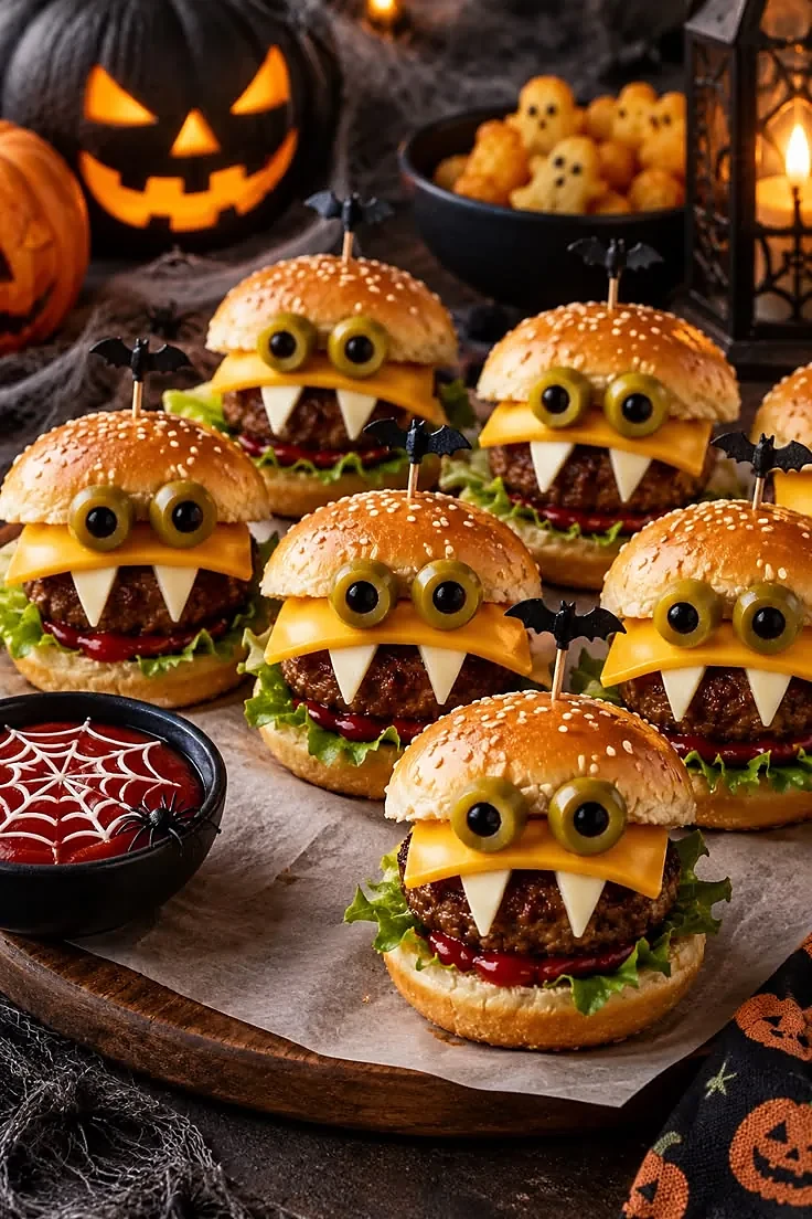Mini monster burgers on a wooden board: sesame seed buns with green olive eyes, a slice of cheddar, white cheese fangs, lettuce and ketchup, with bat-shaped picks and a bowl of ketchup decorated with a spiderweb