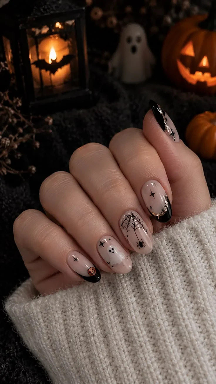 Short almond nails in sheer nude with black French tips, gold glitter, a spiderweb with spider, a ghost, and a tiny pumpkin