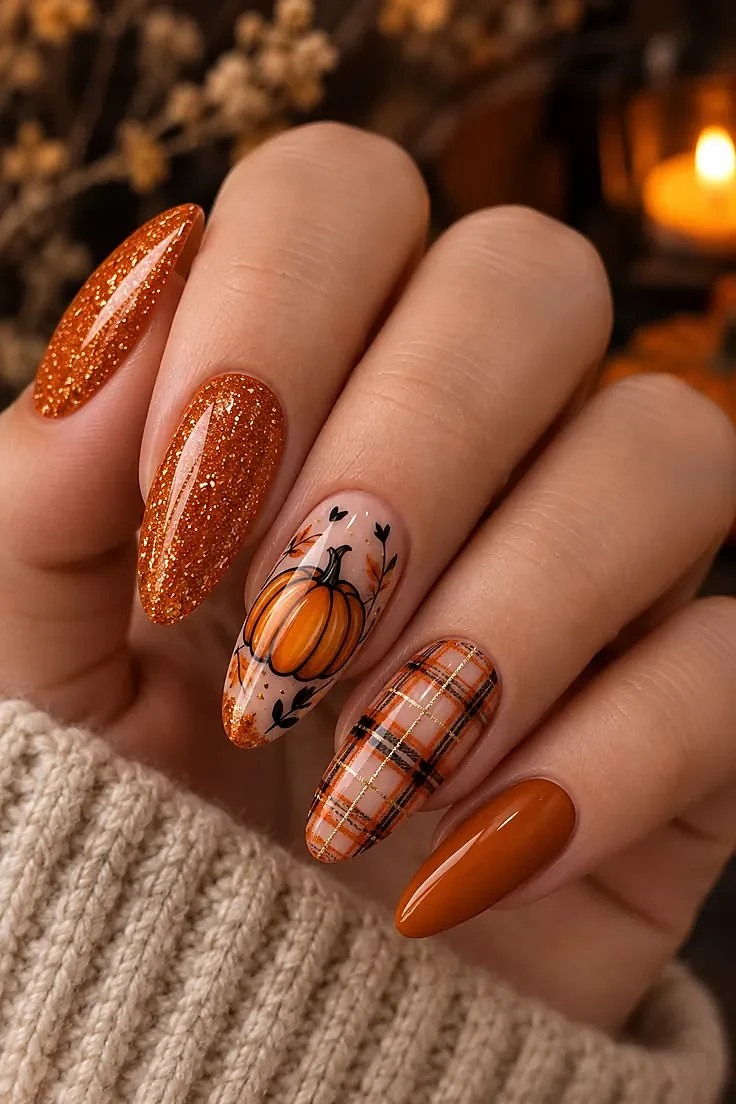 Almond nails with orange glitter, a pumpkin on nude, orange plaid, and a solid burnt orange nail