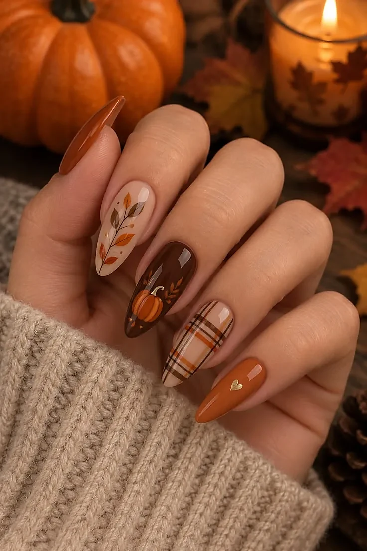 Almond nails in burnt orange and glossy brown with a leaf sprig, a pumpkin, plaid, and a gold heart accent