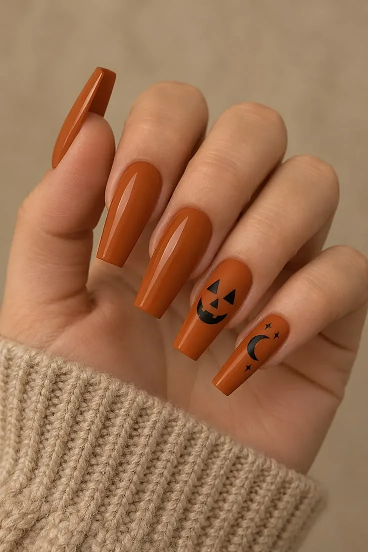 Long coffin nails in glossy burnt orange with a black jack-o-lantern face on one nail and a black crescent moon with stars on another