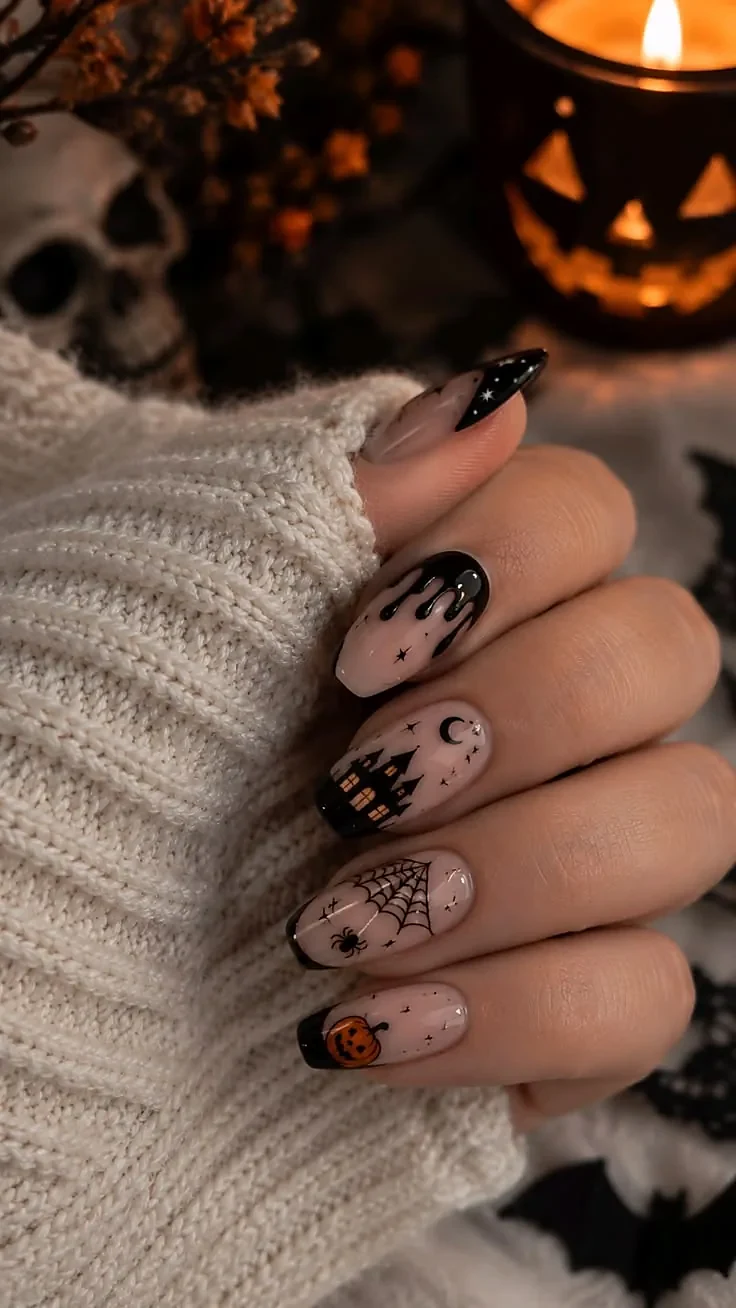 Almond nails in sheer nude with black drips, a haunted house with orange windows, a spiderweb with spider, a pumpkin, and black French tips with stars