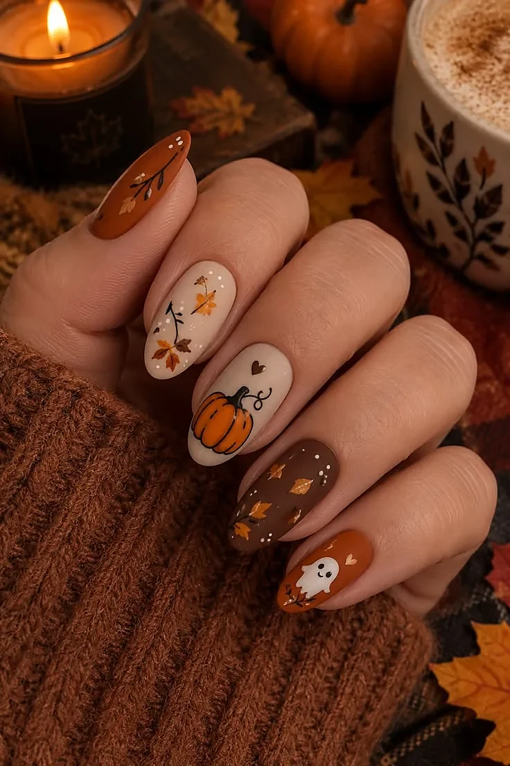 Almond nails in burnt orange, cream, and brown with autumn leaves, an orange pumpkin, and a small white ghost