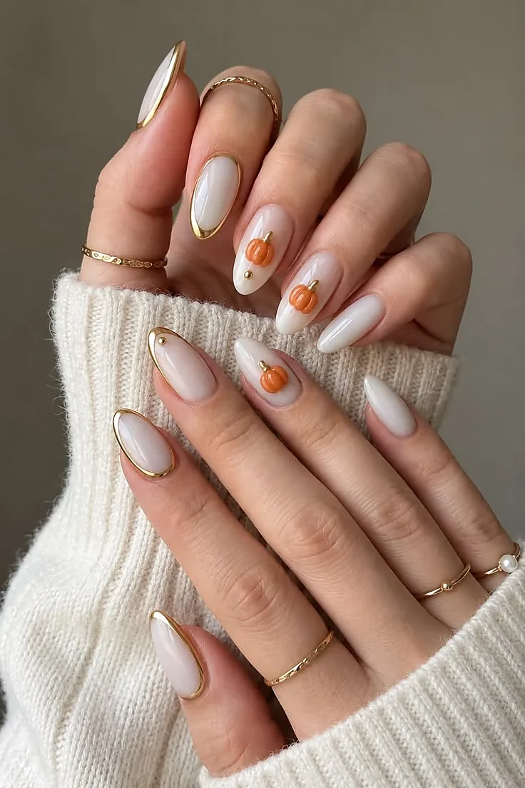 Almond nails in milky white with gold outlines, tiny 3D orange pumpkins, and gold dots