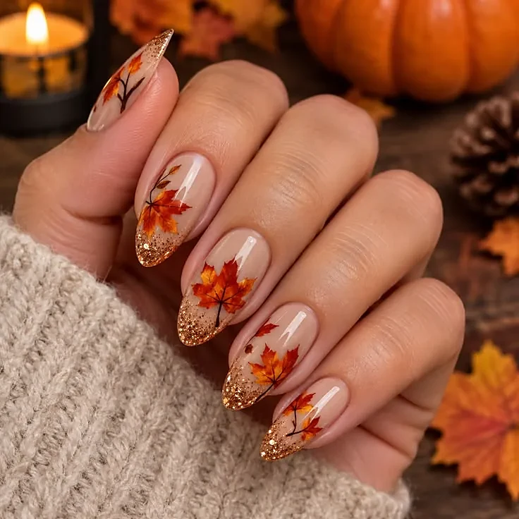 Almond nails in sheer nude with red-orange maple leaves and gold glitter tips