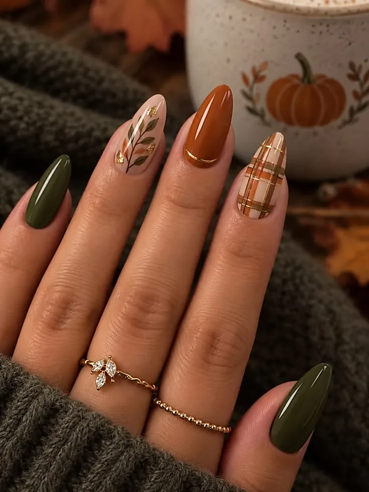 Almond nails in olive green, burnt orange with a gold band, nude with a leaf sprig and gold foil, and orange plaid