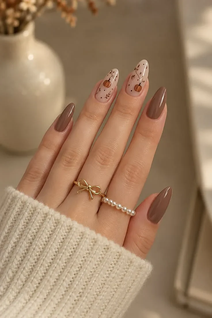 Almond nails in glossy taupe with sheer nude accent nails carrying tiny pumpkins, vines, and dots
