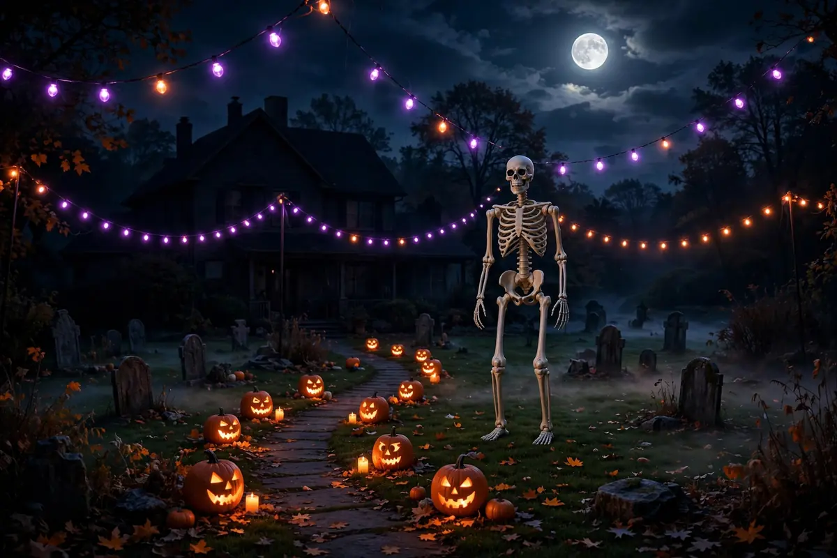 Spooky Halloween front yard with giant skeleton